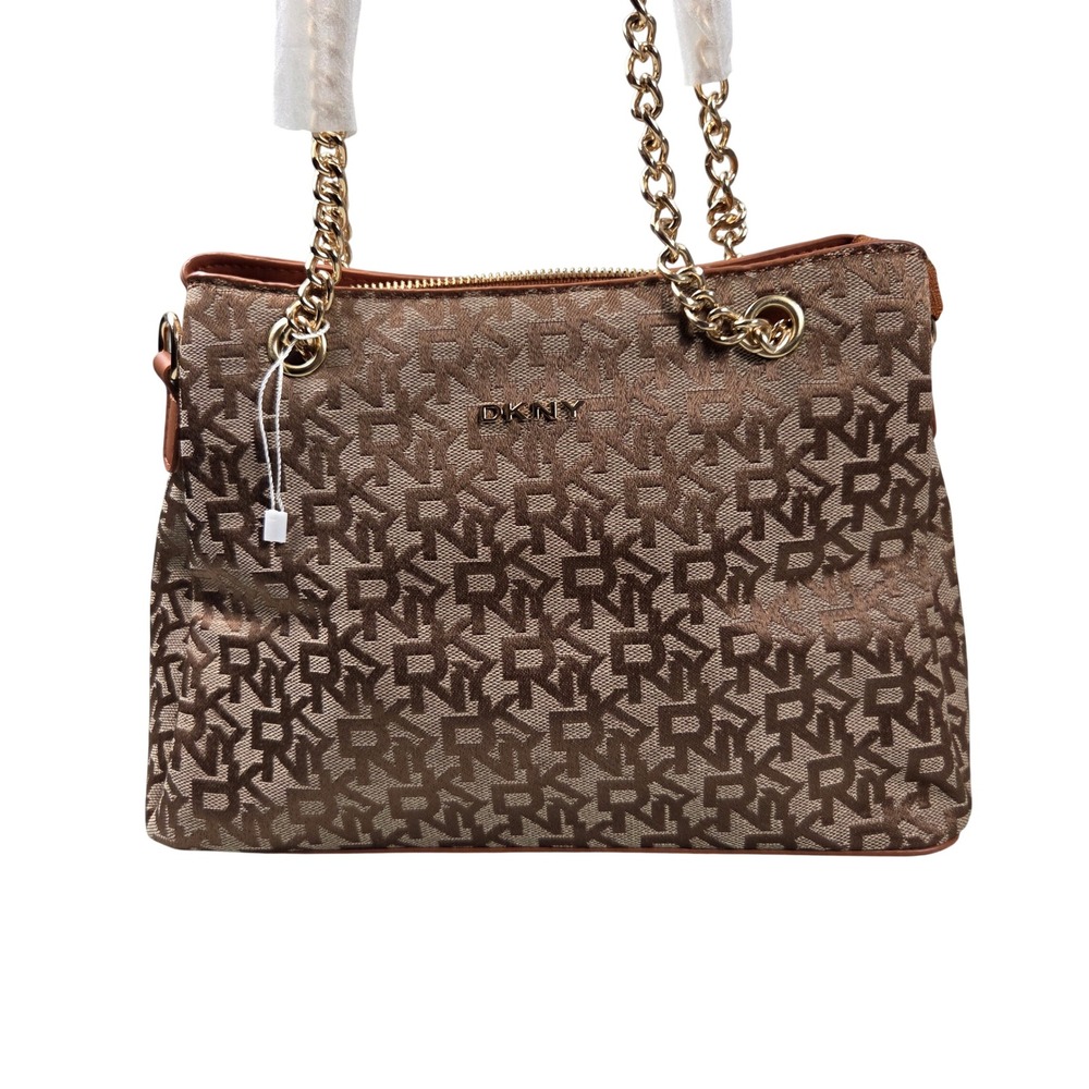 DKNY Shoulder Bag Women Medium Brown New Logo Jacquard Chain Strap Crossbody